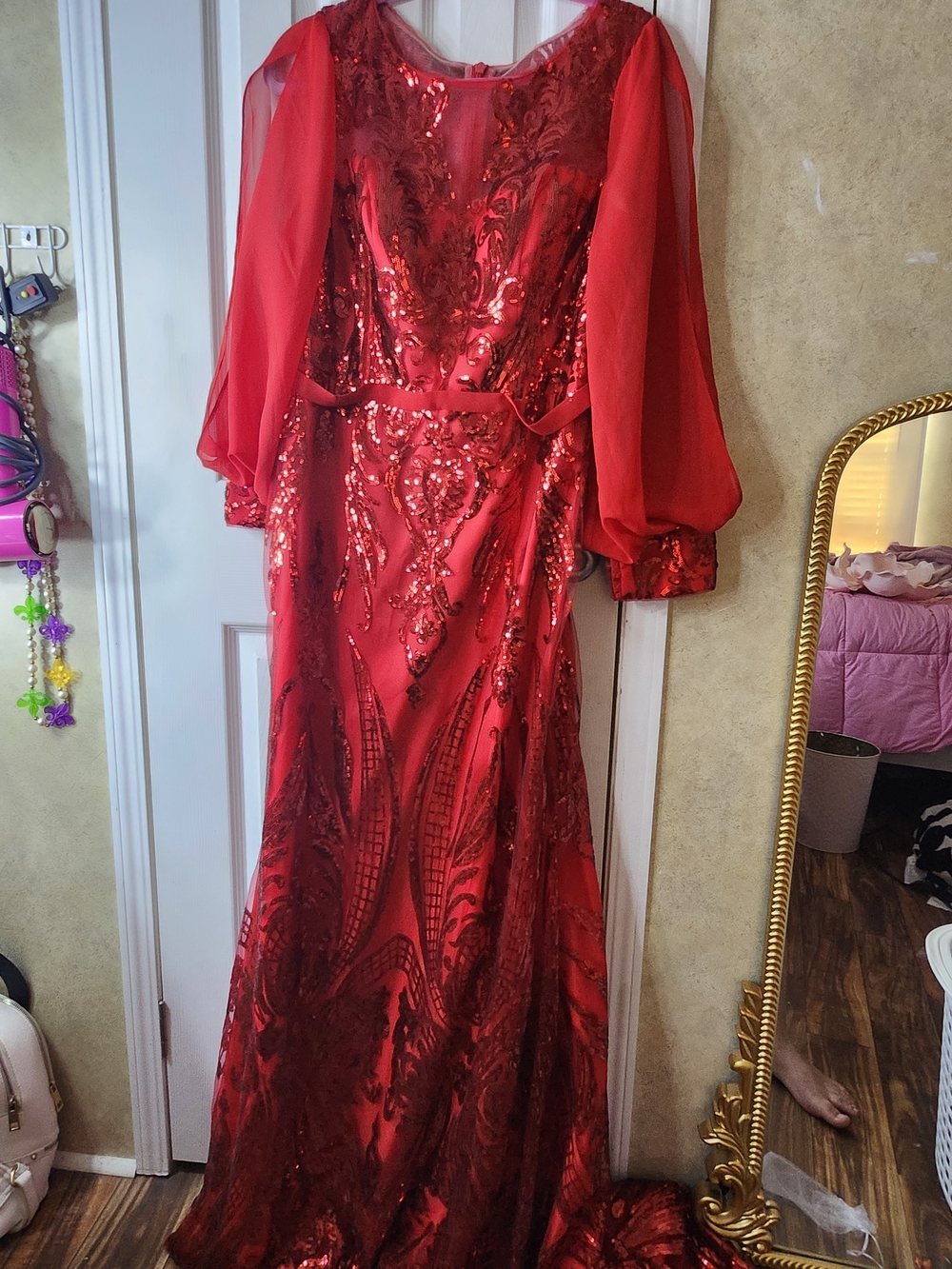 JJs House Red Sequined Evening Dress with Sheer Bishop Sleeves